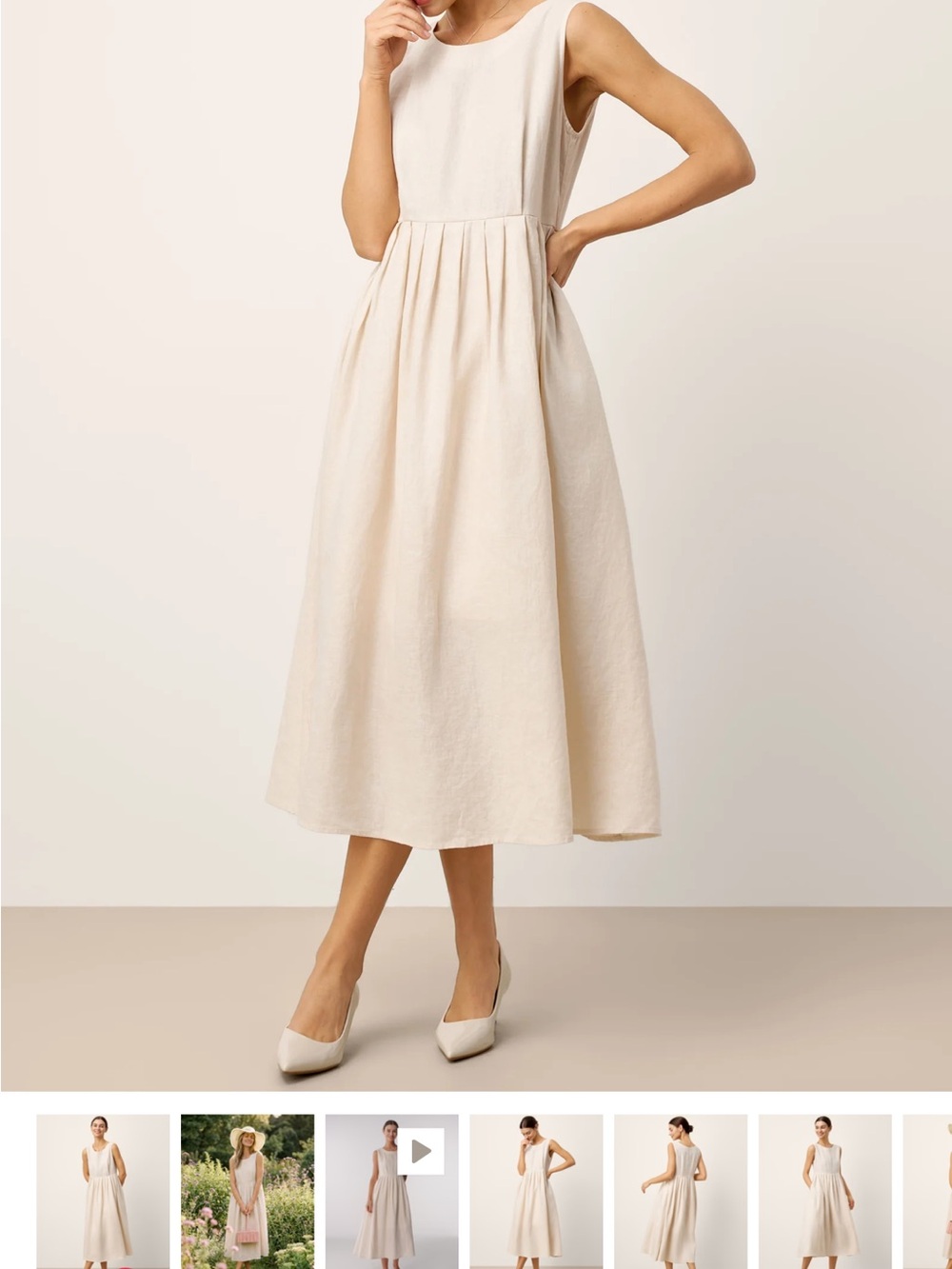 Lintico 100% Linen Sleeveless Crew Neck
Waist Pleated Midi Dress SELENE S
